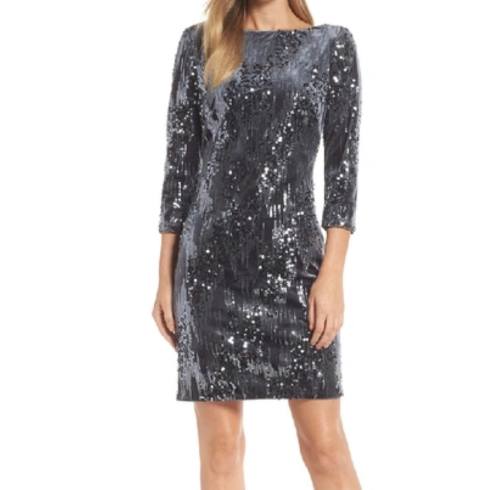 Eliza J velvet dress with sequin patterns. Size 10 fitted sheath dress. NWT.